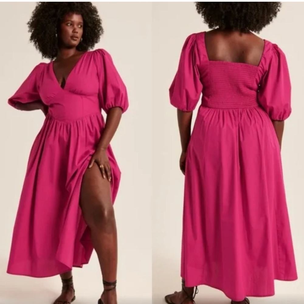 Abercrombie & Fitch puff sleeve corset midi dress in Fuchsia small